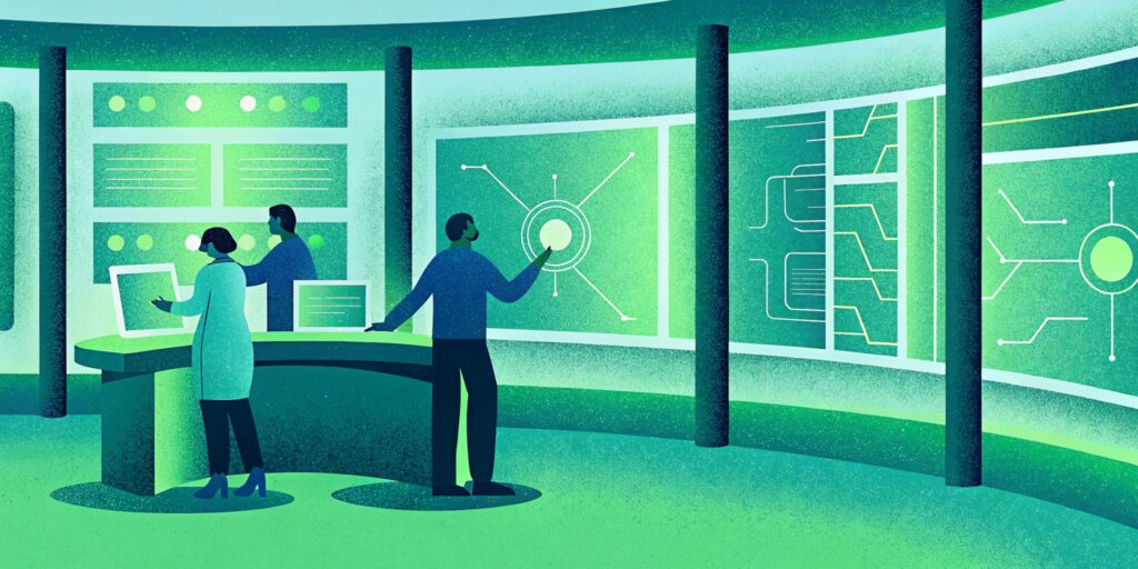 People in a control room interacting with large digital displays showing data and networks, in shades of green.