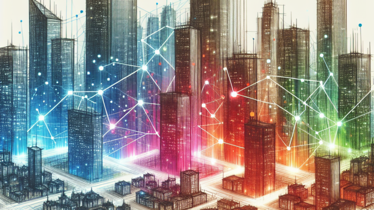 Futuristic cityscape with glowing network connections floating above skyscrapers, colored in a gradient from blue to red to green