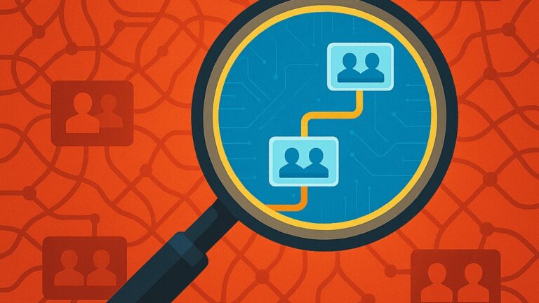 Magnifying glass over network of linked user icons on orange background