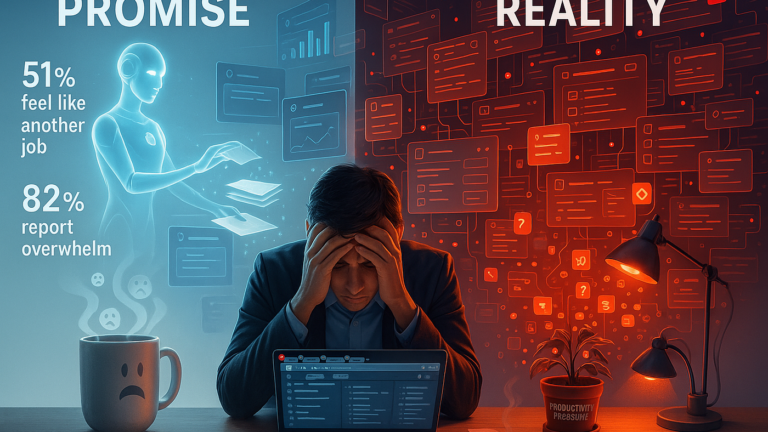 Illustration showing AI's "Promise" vs. "Reality" — a stressed man at a laptop, head in hands, flanked by a calm blue side with a glowing AI figure and stats ("51% feel like another job," "82% report overwhelm") and a chaotic red side flooded with notifications and alerts.